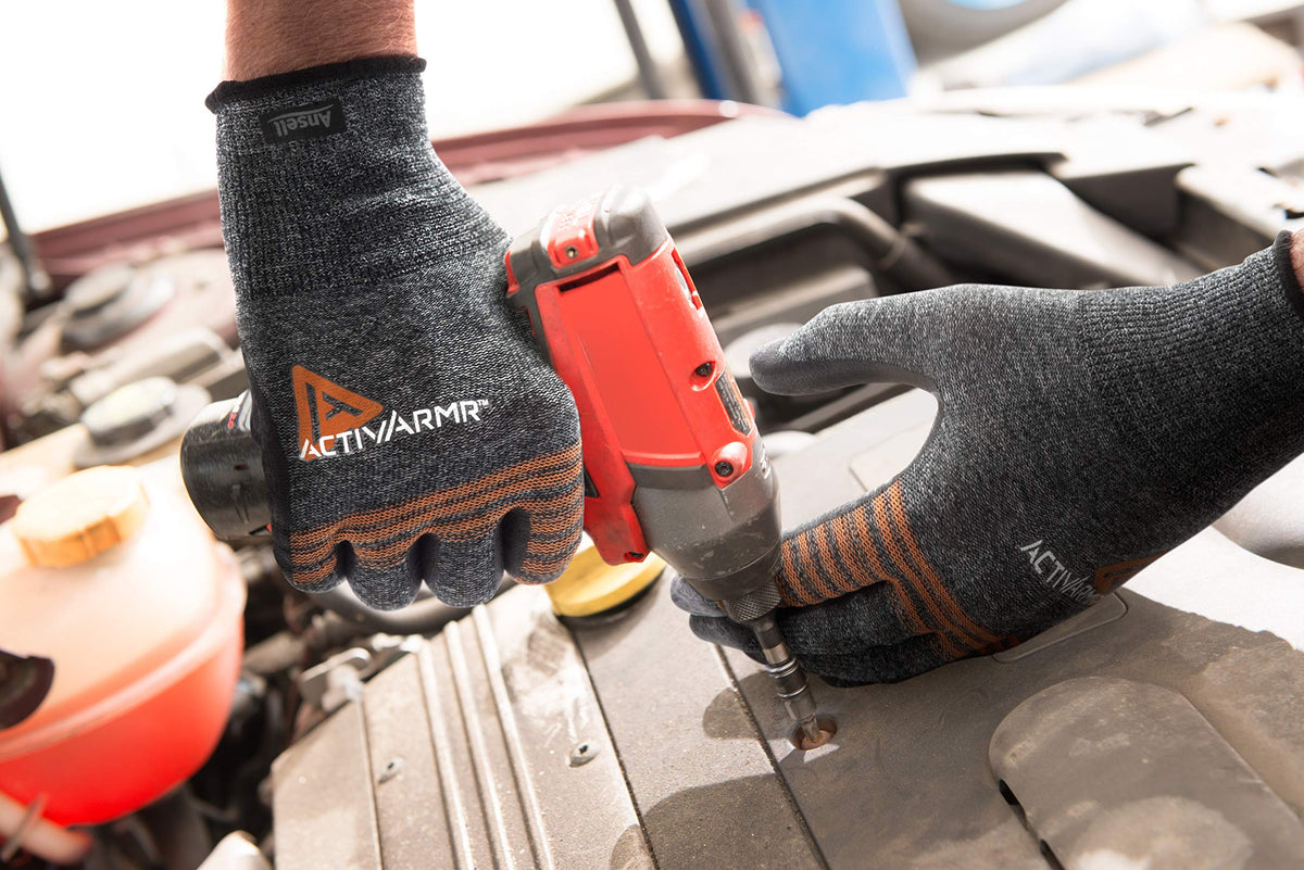 ActivArmr Multipurpose Gloves by Ansell – Large (Pack of 1), Nylon/Spandex, Black/Grey/Orange, Model 111808