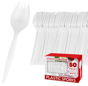 Disposable Sporks (50 Pack) White Plastic Sporks - BPA Free 2 in 1 Utensils - Heavy Weight Fork Spoon for School Lunch by Stock Your Home – 50 Pack, Plastic, White, Model 1307