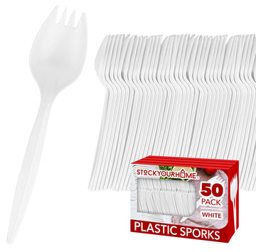 Disposable Sporks (50 Pack) White Plastic Sporks - BPA Free 2 in 1 Utensils - Heavy Weight Fork Spoon for School Lunch by Stock Your Home – 50 Pack, Plastic, White, Model 1307
