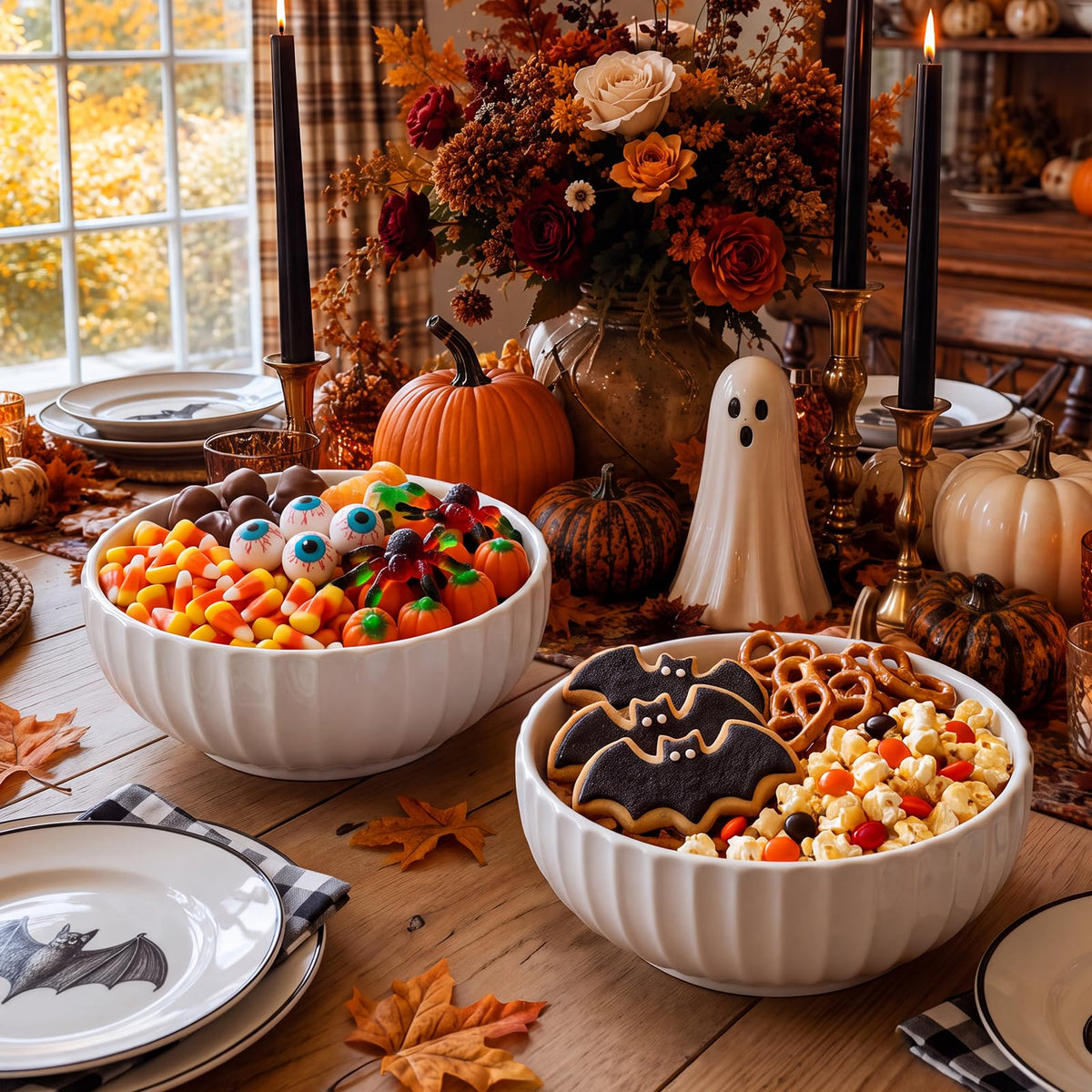 DOWAN Serving Bowls, 86 oz Ceramic Set, Pumpkin Shape, White