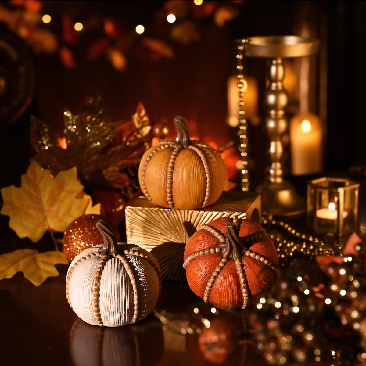 Valery Madelyn Resin Pumpkin Set, 3.5 Inch, White Brown