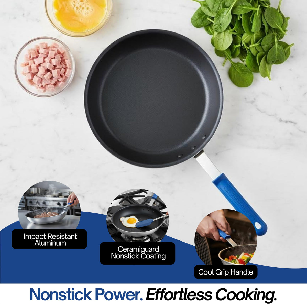 Wear-Ever 8" Non-Stick Fry Pan with CeramiGuard II and Cool Handle by Vollrath – 8-Inch, 8.0 inches, Aluminum, Black/Blue, Model Z4008