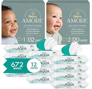 Pampers Amore Baby Diapers and Aqua Pure Wipes Starter Kit, Sizes 1 (132 Count) & 2 (120 Count) with 100% Water Based 12X Multi Pack Pop-Top Refill (1008 Count)