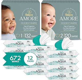 Pampers Amore Baby Diapers and Aqua Pure Wipes Starter Kit, Sizes 1 (132 Count) & 2 (120 Count) with 100% Water Based 12X Multi Pack Pop-Top Refill (1008 Count)