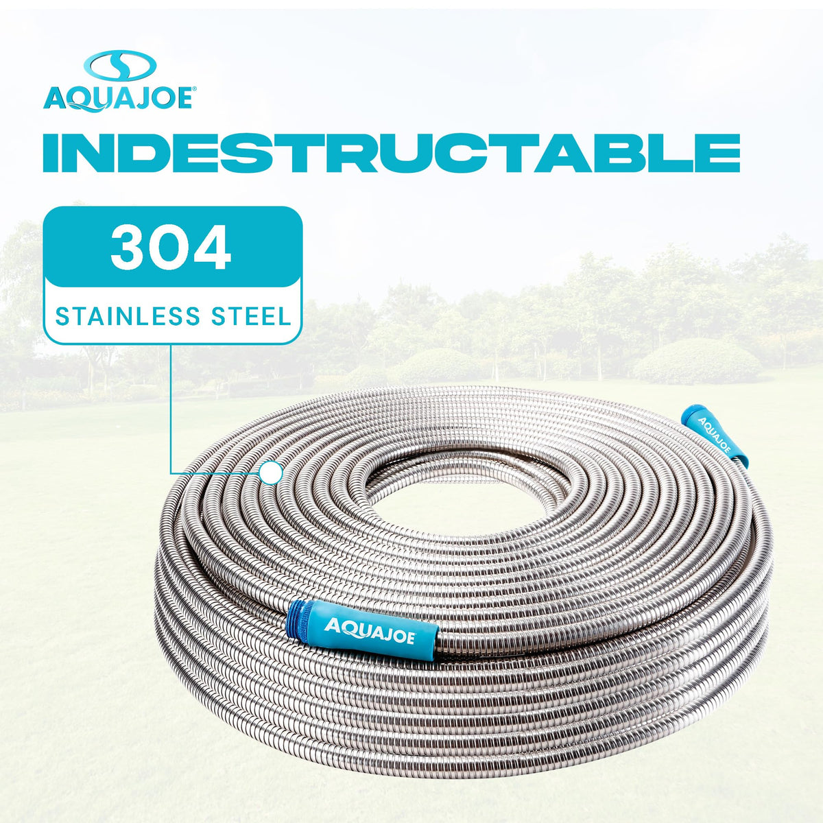 50-Foot Heavy Duty Garden Hose by Aqua Joe – 50 Feet, Outer Layer: Stainless Steel, Inner Core: PVC, Silver, Model AJSGH50