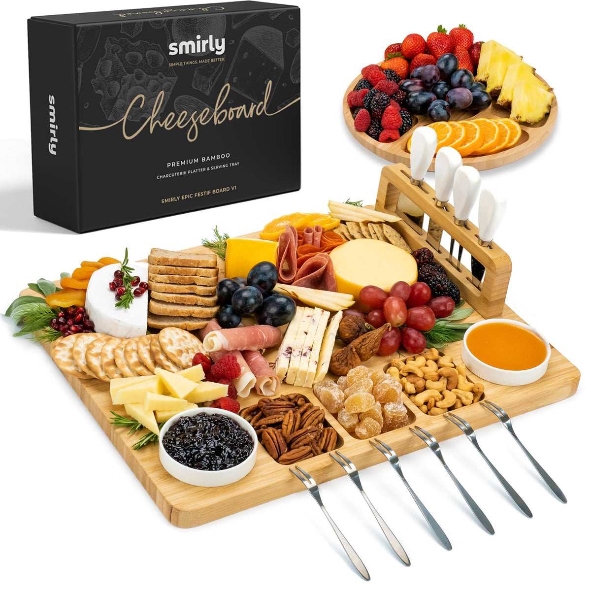 Smirly Bamboo Charcuterie Set, Large Serving Board with Knives and Bowls