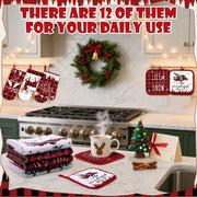 SiliFine Christmas Kitchen Set, 12 Pieces with Towels, Mitts and Pot Holders, Multicolor