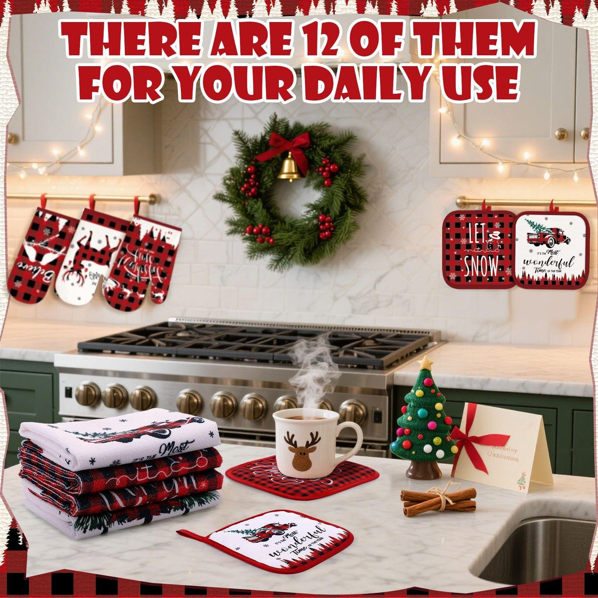 SiliFine Christmas Kitchen Set, 12 Pieces with Towels, Mitts and Pot Holders, Multicolor