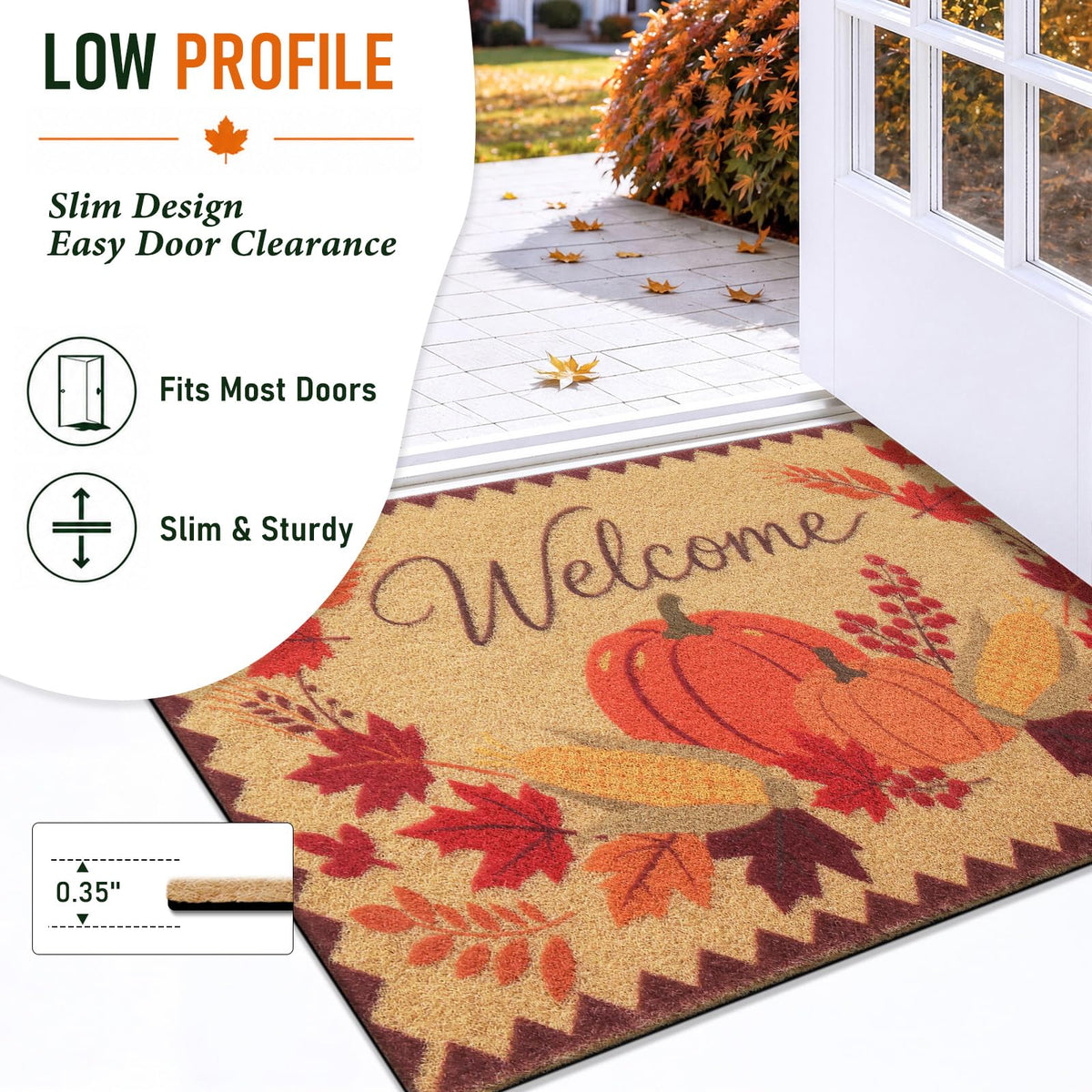 OLANLY Doormat, Low Profile Polyester Front Door Mat, Welcome Fall Pumpkin 30x17