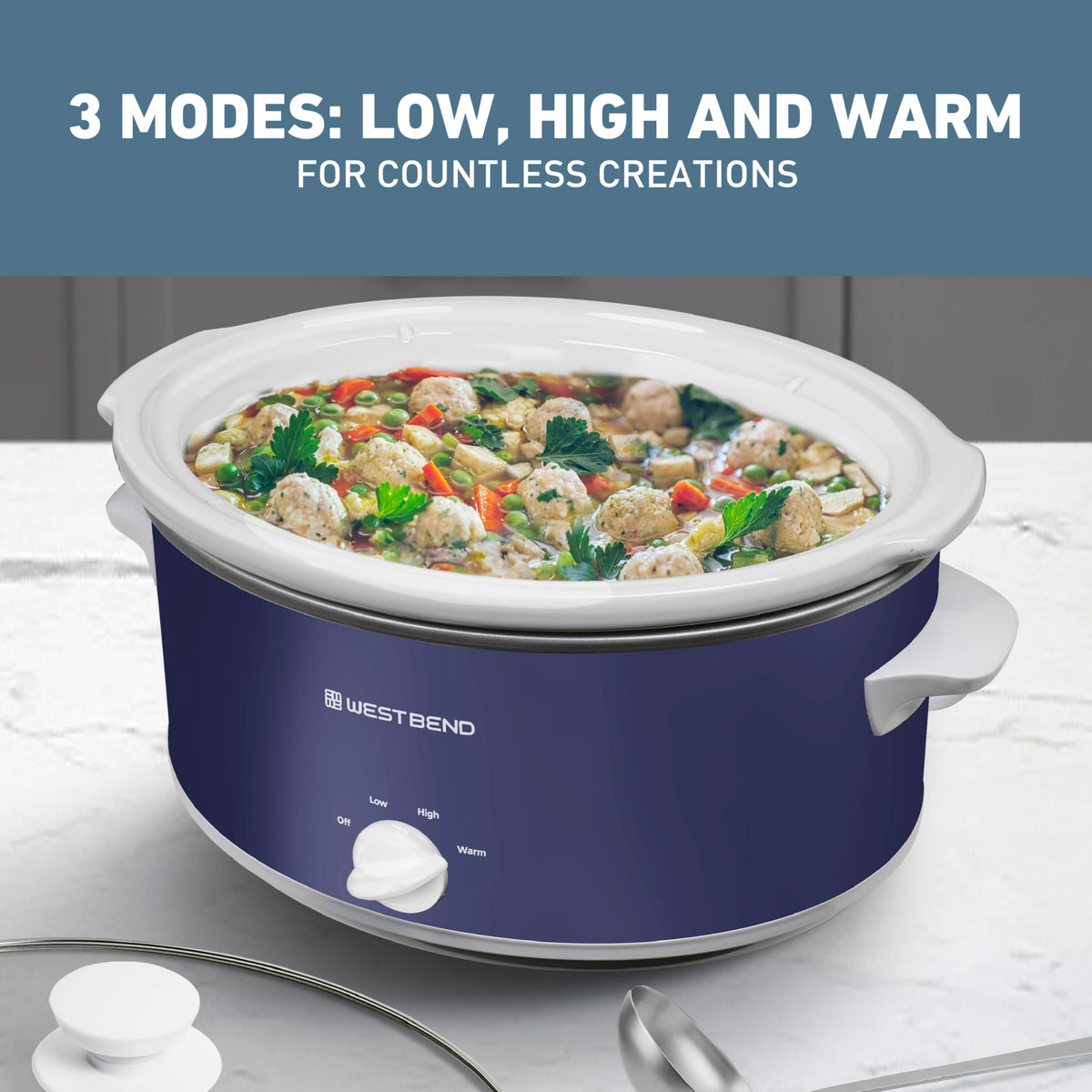 Slow Cooker 6-Quart Manual Crockery Style with Dishwasher Safe Oval Ceramic Crockpot and Glass Lid Two Temperature Settings Plus Keep Warm by West Bend – Model SCWB6QPTNW13