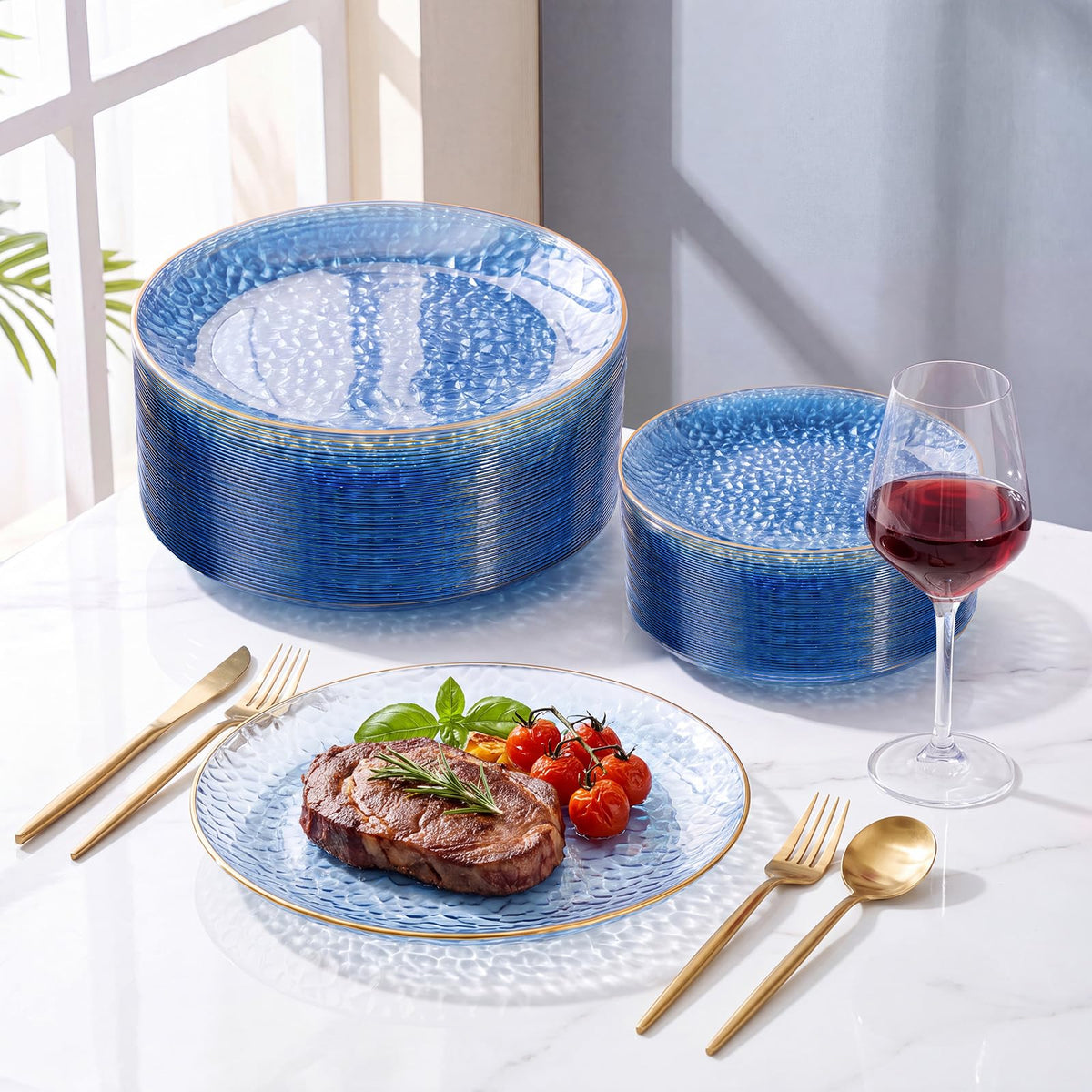 Rubtlamp Hammered Plastic Plates, Clear Blue With Gold Rim, 60 Count