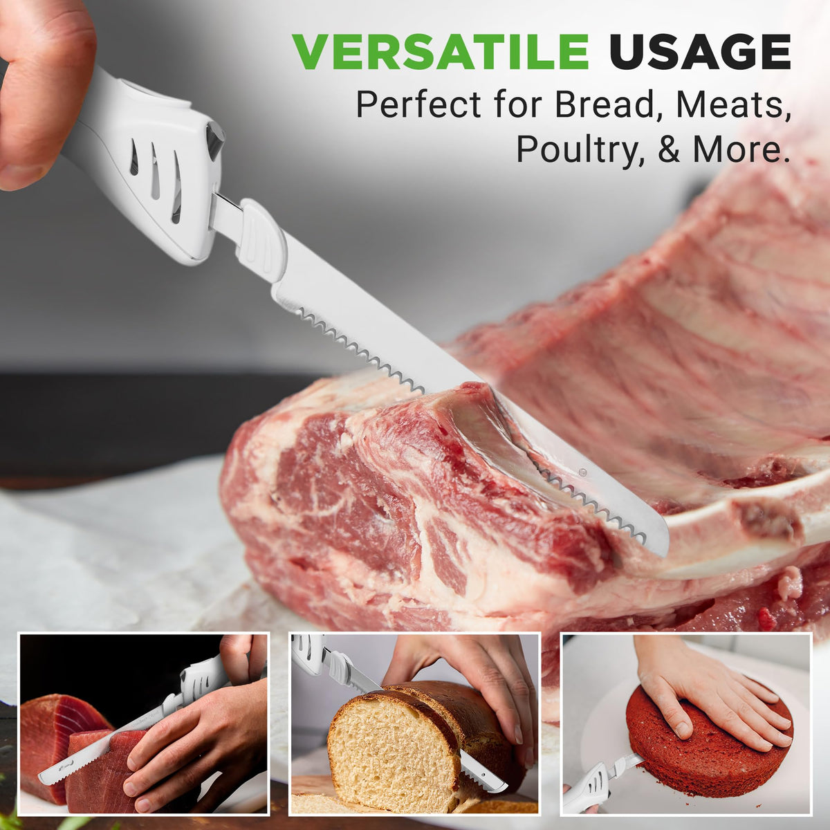 NutriChef Electric Carving Knife Set, Stainless Steel Blades, White with Wood Stand