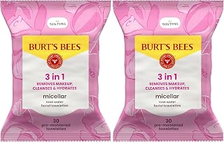 Burt's Bees Facial Towelettes, Micellar with Rose Water, All Skin Types, 30 ct Pack of 2 | Pre-Moistened | 99.5% Natural Origin