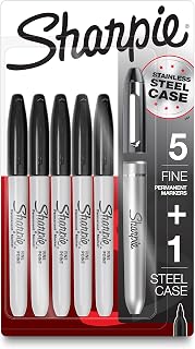 Sharpie Permanent Markers with Stainless Steel Marker Case Fine Point Black 6 Count