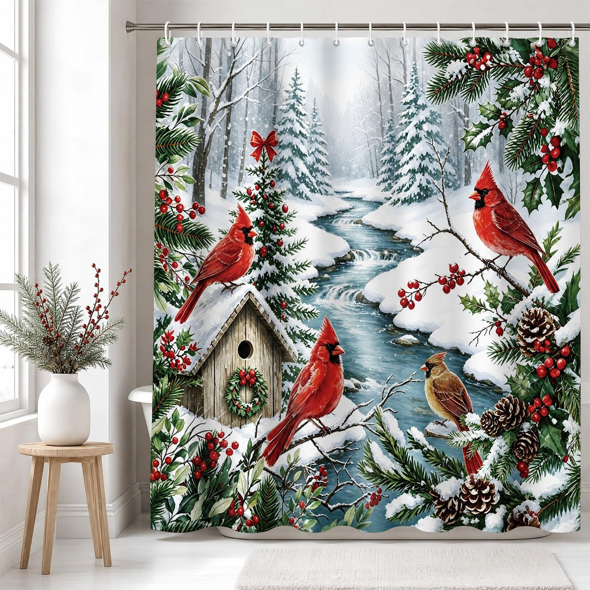 Visstree Shower Curtain, Red Cardinal Winter Scene, 71x71 Inch