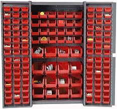 Global Industrial Deep Door Bin Cabinet, Includes 136 Red Plastic Bins