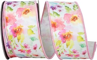 Reliant Ribbon Watercolor Flowers Deluxe Fused Wired Edge Ribbon, White/Pink