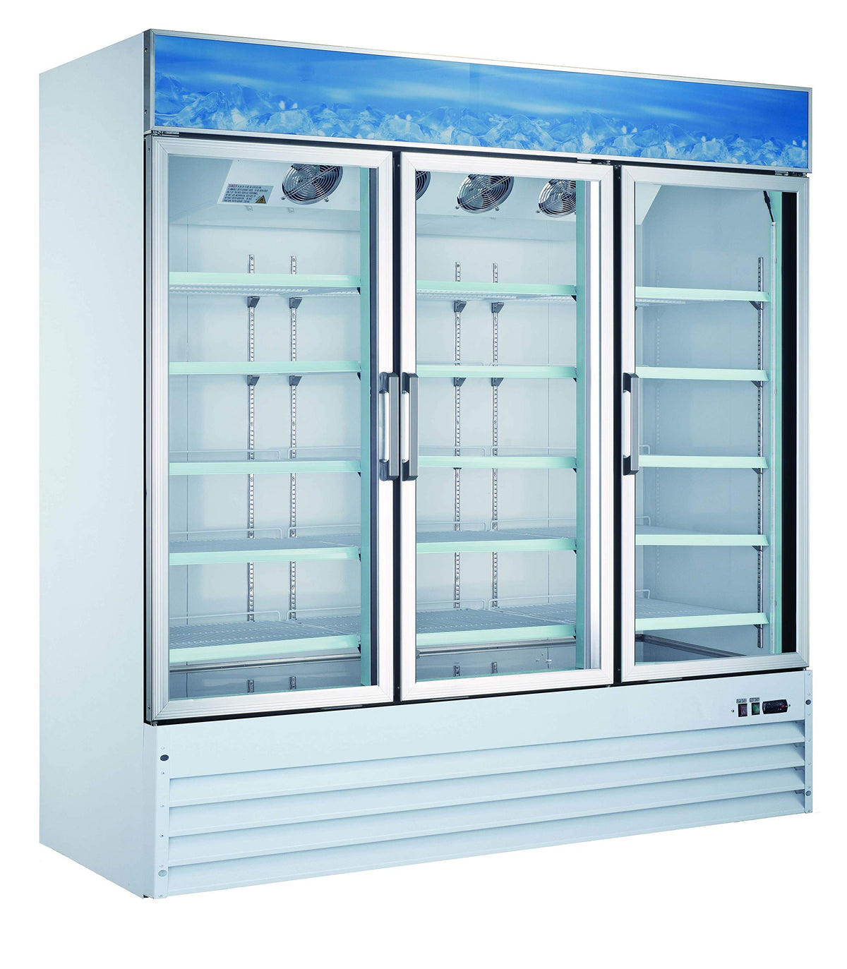 50052 Commercial Reach In Refrigerator 78 inch 3 Door Swing Glass Cooler by Omcan – (WDH): 78.27” x 29.9” x 84.64” with castors, 53.0 cubic_feet, Model RE-CN-0052