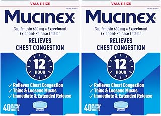 Mucinex 12 Hour 600 mg Guaifenesin Extended-Release Tablets for Excess Mucus Relief, Expectorant Aids Excess Mucus Removal, Chest Congestion Relief, 40 Bi-Layer Tablets, (Pack of 2)