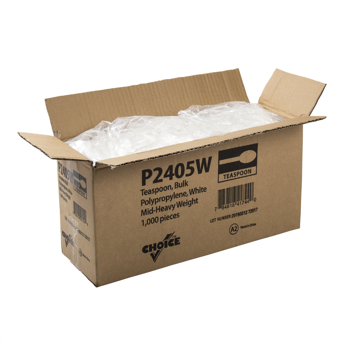 AmerCareRoyal Medium-Heavy Weight Unwrapped Disposable Polystyrene Plastic Teaspoons for Restaurants and Catering – 6.89", Paper, White, Pack of 1000, Model P2405W-C