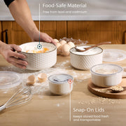 KooK Stoneware Nesting Bowls with Lids, Embossed Ceramic, Set of 4, Ivory