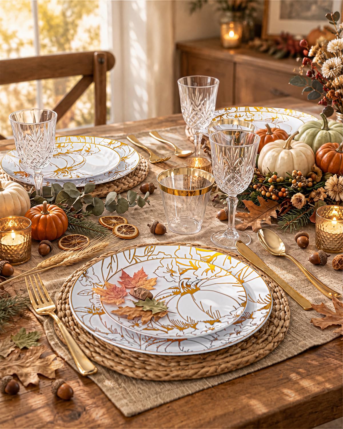 PULOTE Thanksgiving Plastic Dinnerware Set, 150 Pieces, Flower Gold