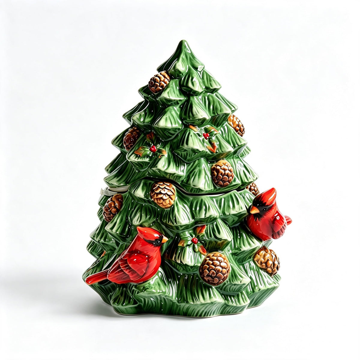 Forlong Ceramic Cookie Jar, Christmas Tree with Cardinal Bird, 8.2 x 7.3 x 9.8 Inches