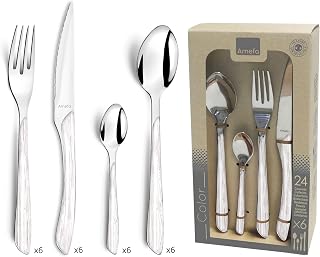 Amefa 24-piece cutlery set for 6 people - Eclat Nature - 18/0 stainless steel, glossy finish - White wood