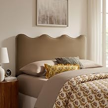 Modway Athena Queen Size Performance Velvet Adjustable Headboard in Taupe - with Scalloped Wave Design and Stain-Resistant Velvet Upholstery