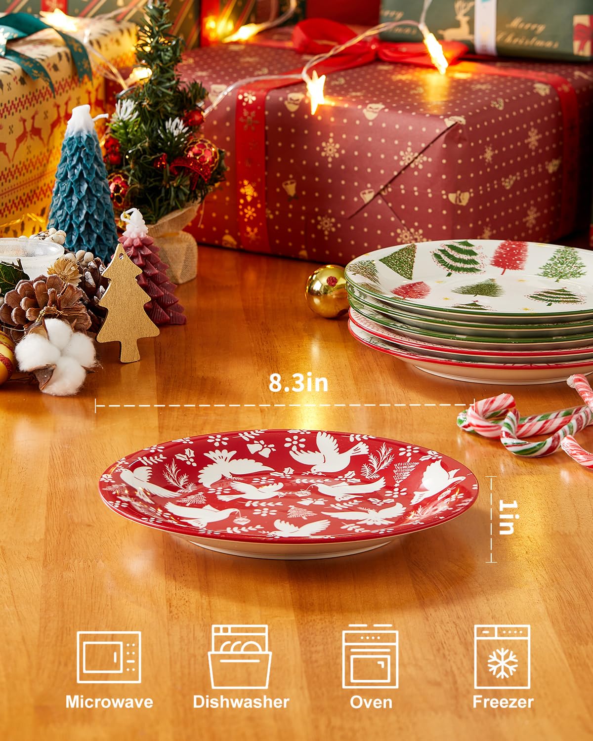 Metahom Christmas Dessert Plates, 8 Inch Ceramic, Set of 6