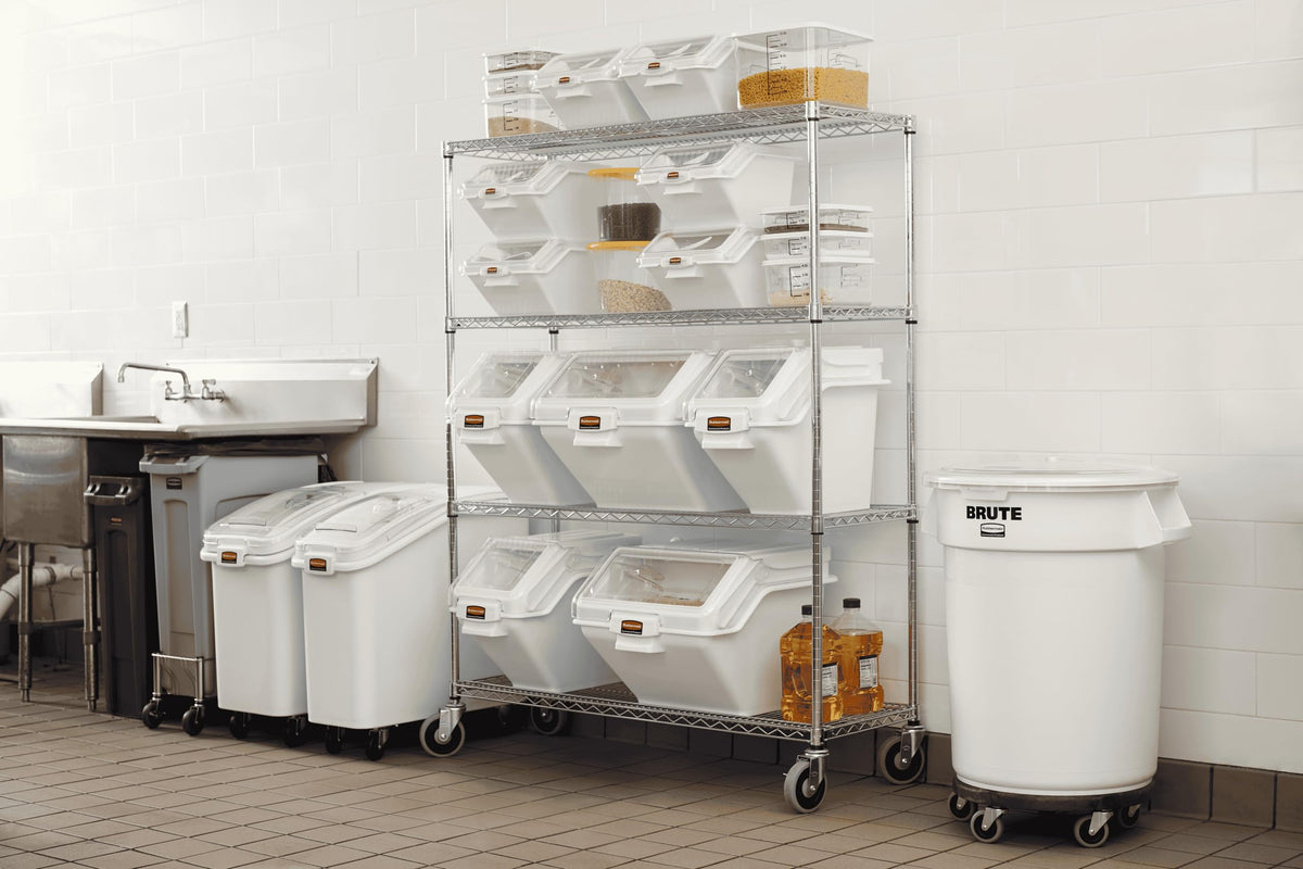 ProSave Shelf-Storage Ingredient Bin With Scoop 400-Cup Capacity Plastic White Sliding Lid Container with Wheels for Kitchen/Restaurant/Food Organization by Rubbermaid Commercial