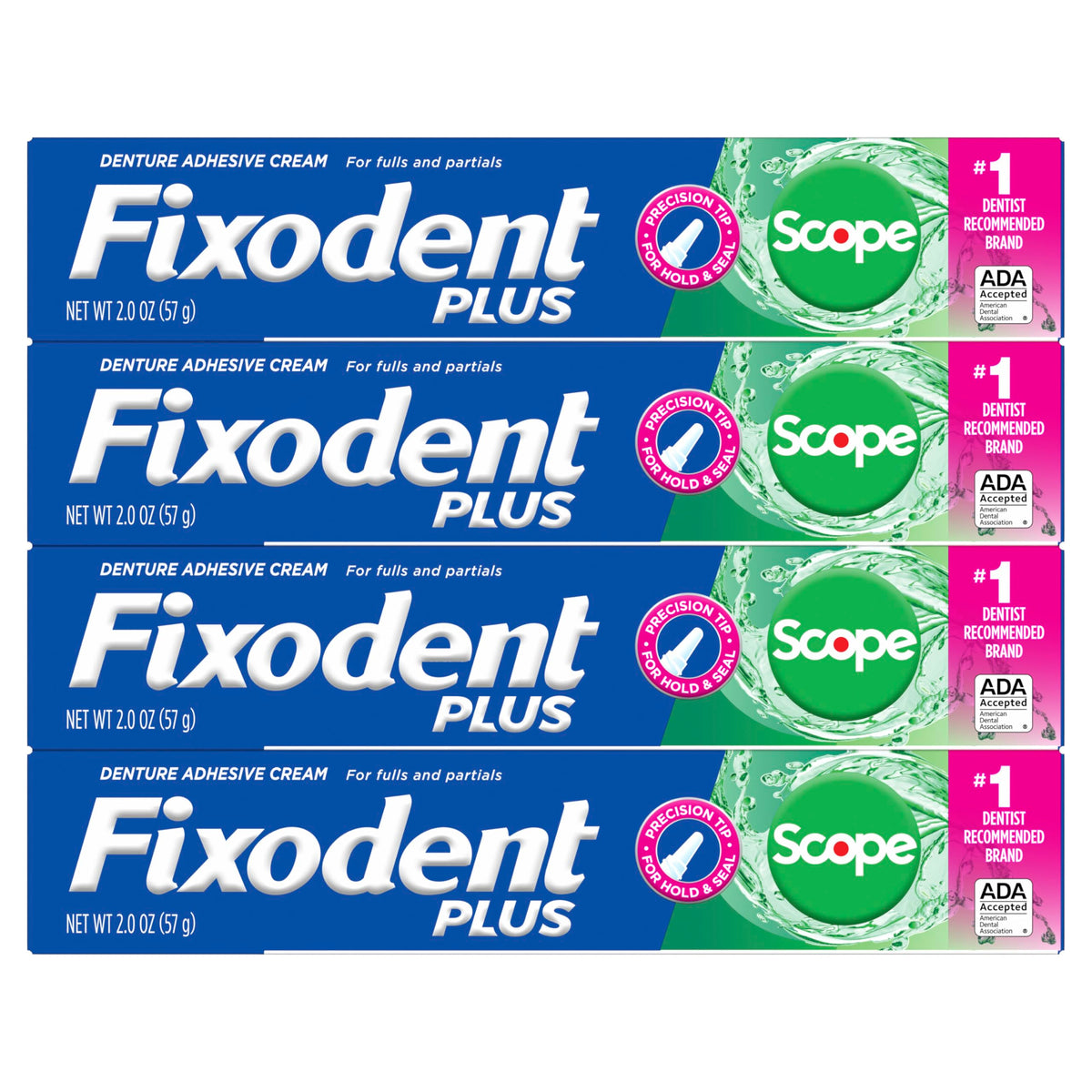 Plus Scope Denture Adhesive Cream by Fixodent – 2 Ounce (Pack of 4), Rubber-Based Formulation, blue & green, Pack of 4, Model meige1000hu1936