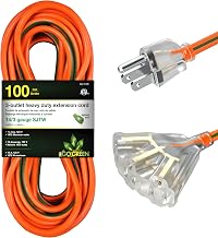 Go Green Power Inc. 100ft Heavy Duty Extension Cord, Orange, Lighted End - 14/3 SJTW, Contractor Grade, Durable, and Moisture Resistant