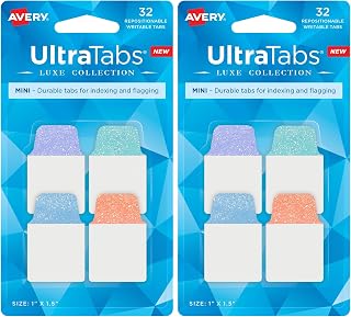 Avery Mini Ultra Tabs, 1" x 1.5", Pastel Sparkle Shimmer Designs, 32 Repositionable Page Tabs (74149) (Pack of 2)