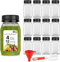 Stock Your Home 4 Ounce Mini Bottles for Mini Fridge, Reusable Juice Containers with Black Caps, Small Bottle for Liquids in Lunch Box, Clear Empty Plastic Container with Lids for Juicing (12 Pack)