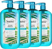 Suave Ocean Breeze Moisturizing Body Wash with Glycerin & Vitamin E, Hydrating Formula For Soft, Smooth Skin, Long Lasting Fragrance, 30 FL OZ Pump, 4 Count