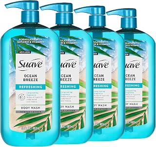 Suave Ocean Breeze Moisturizing Body Wash with Glycerin & Vitamin E, Hydrating Formula For Soft, Smooth Skin, Long Lasting Fragrance, 30 FL OZ Pump, 4 Count