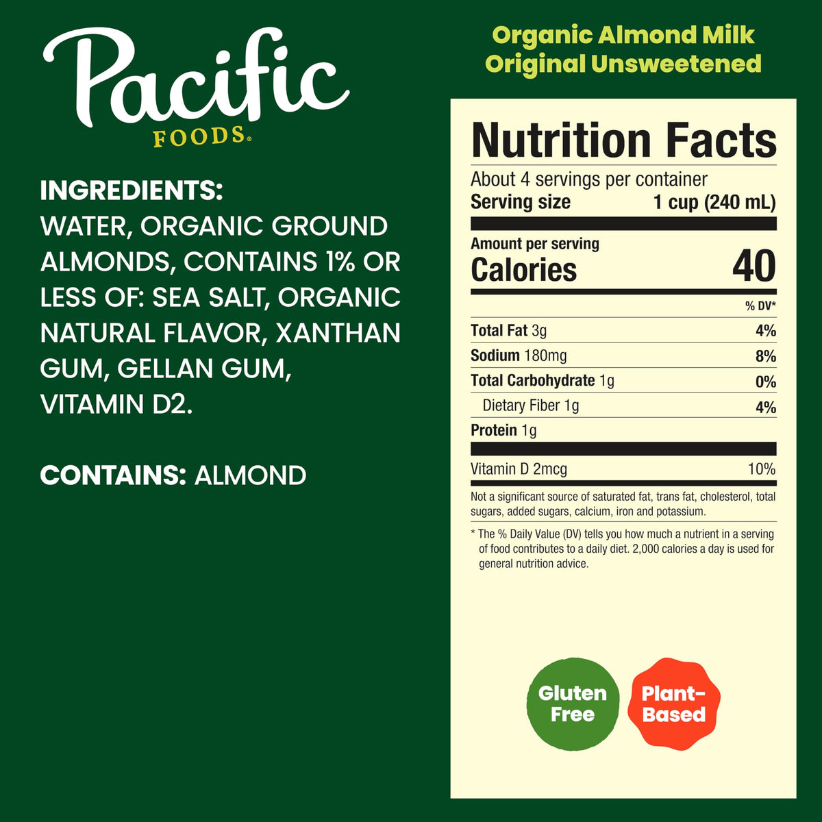 Organic Unsweetened Almond Milk by Pacific Foods – 32 Fl Oz (Pack of 12), Original, Pack of 12, Model 6503 9