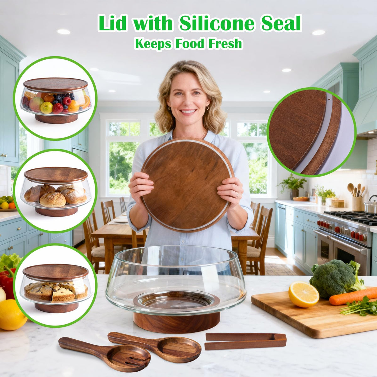 Airsent Glass Serving Bowl with Lid, 5-Quart Capacity, Clear with Wood Base
