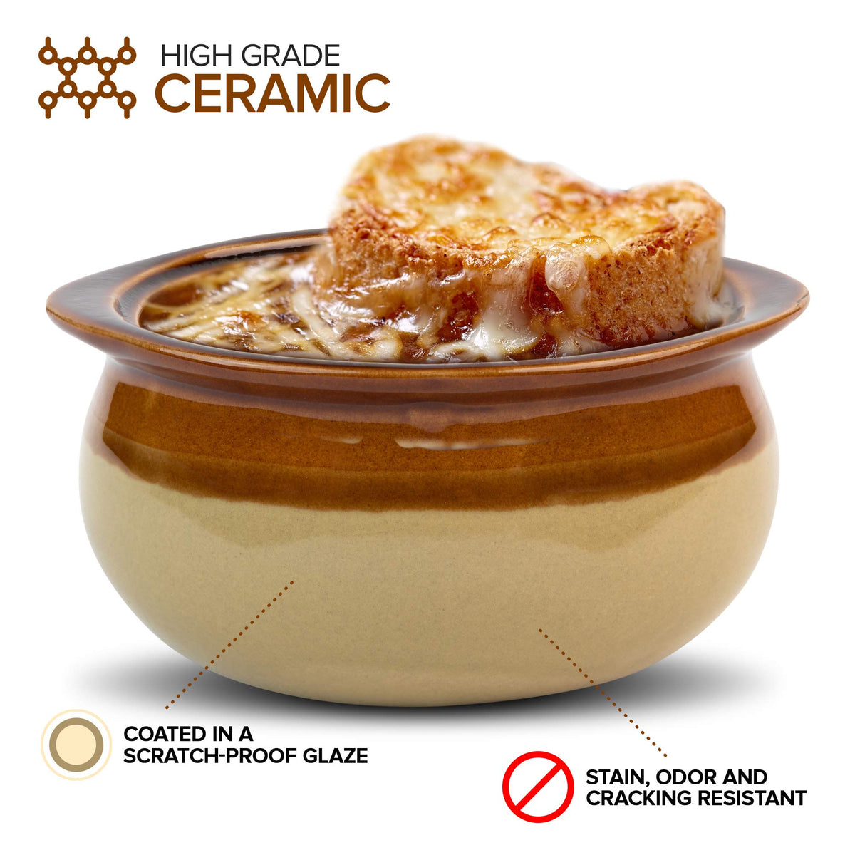 French Onion Soup Crocks (6 Count) - 12 Ounce Oven Safe by Stock Your Home – 12oz - 6 Pack, 12.0 ounces, Ceramic, Brown (Two Tone), Pack of 6