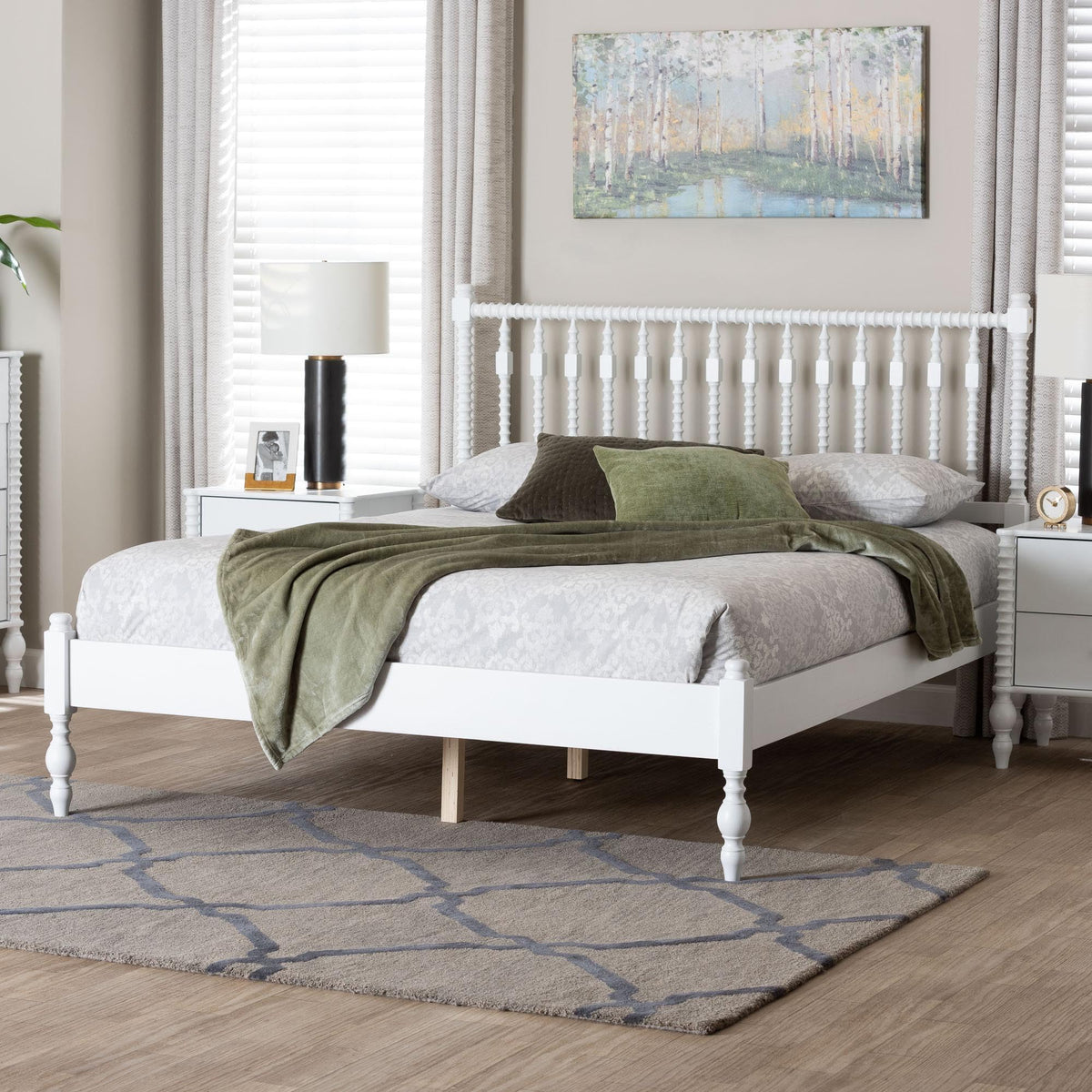 Callison Spindle Platform Bed Turned Bed Frame White Full by Baxton Studio – Full Size, Rubberwood, White, Model 1.93271E+11