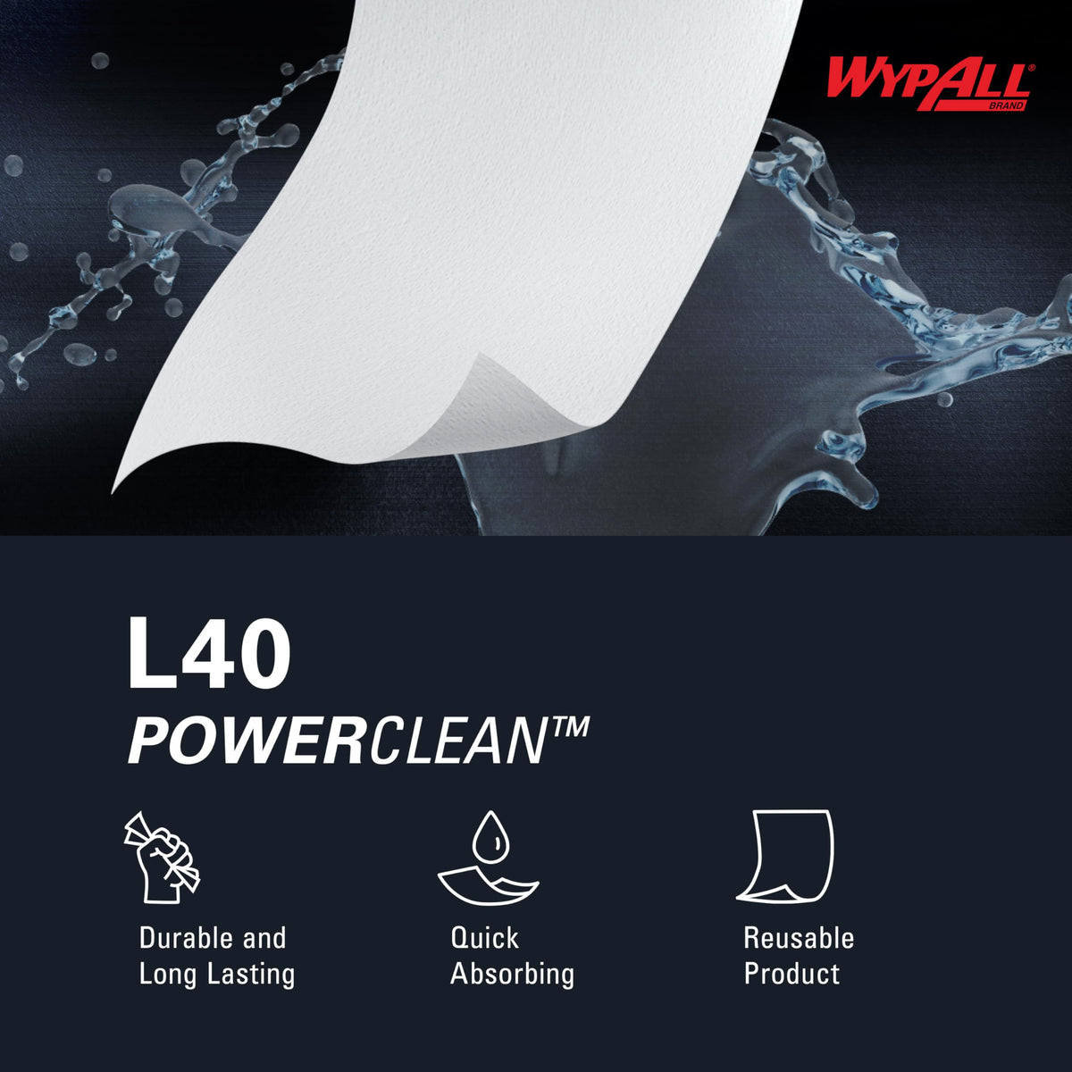 PowerClean L40 Extra Absorbent Towels by Wypall – 12" x 12.5"(Pack of 18), Paper, White, Pack of 18, Model 05701