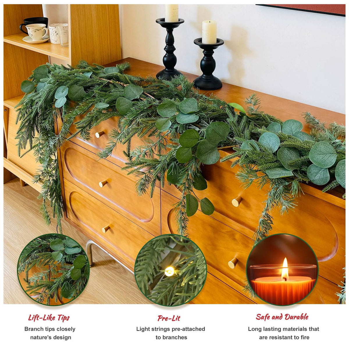 9ft Real Touch Norfolk Pine Garland with Tassels by EnnbeRuu – 9FT, Polyethylene (PE), Green, Model TT13-9FT