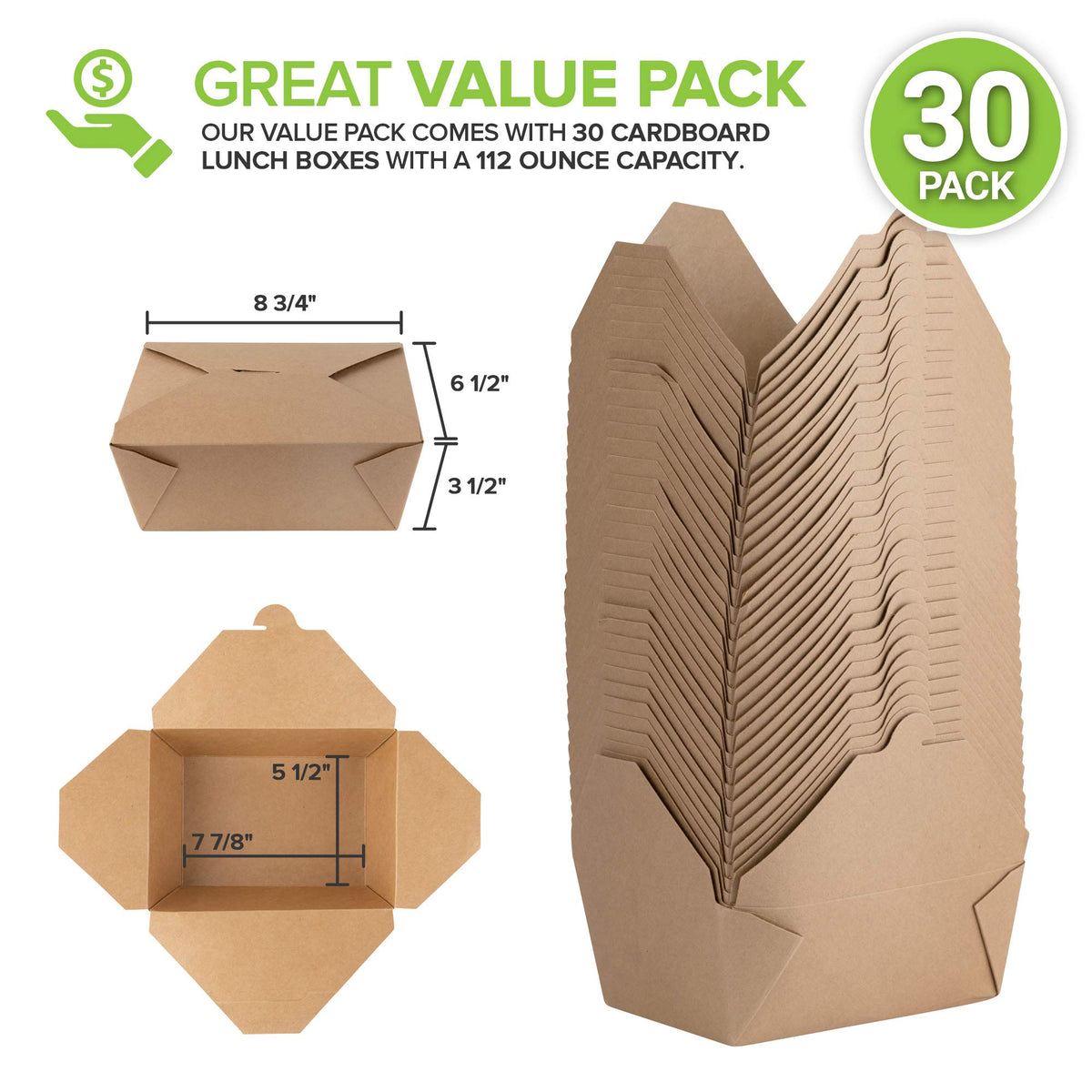 Microwavable Kraft Brown Take Out Boxes 112 oz (30 Pack) Disposable Food Containers - Recyclable Cardboard Lunch Box - Take Out Containers Disposable - to Go Boxes for Restaurants