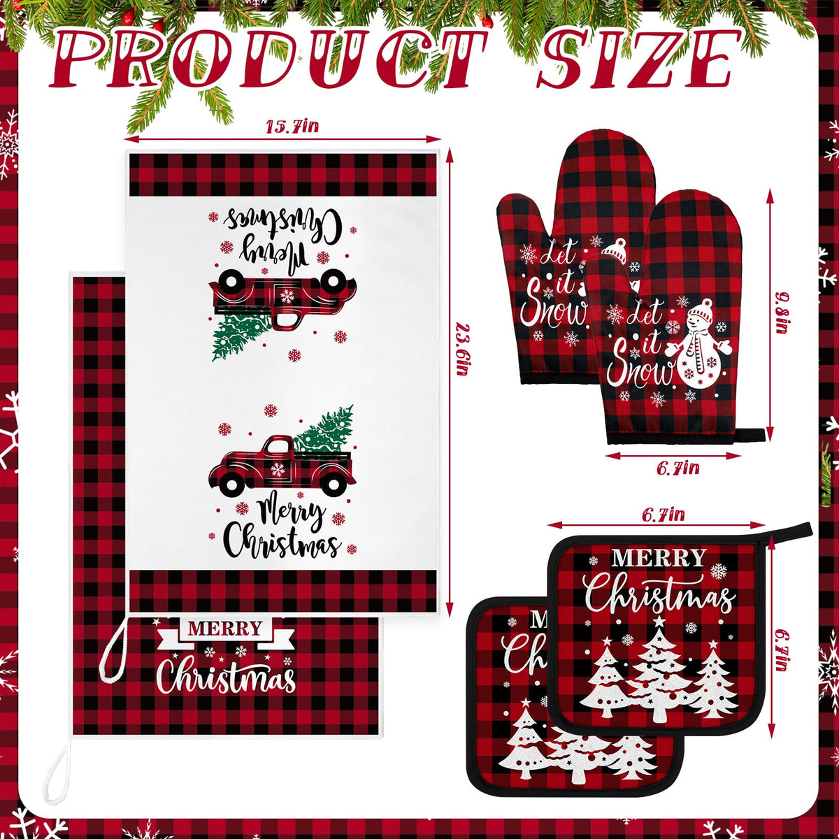 Bencailor Christmas Kitchen Linen Set, Red Truck Buffalo Plaid, 8 Pieces