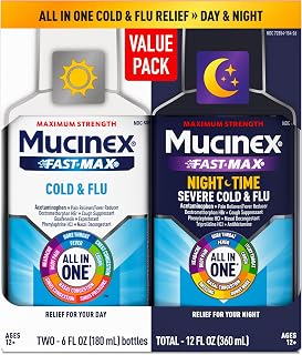 Mucinex Fast-Max Cold and Flu & Nightshift Medicine for Adults, Over-the-Counter Medication Combo Pack for Sore Throat Relief, Decongestant, Cough & Cold Medicine (2 x 6 Fl Oz)