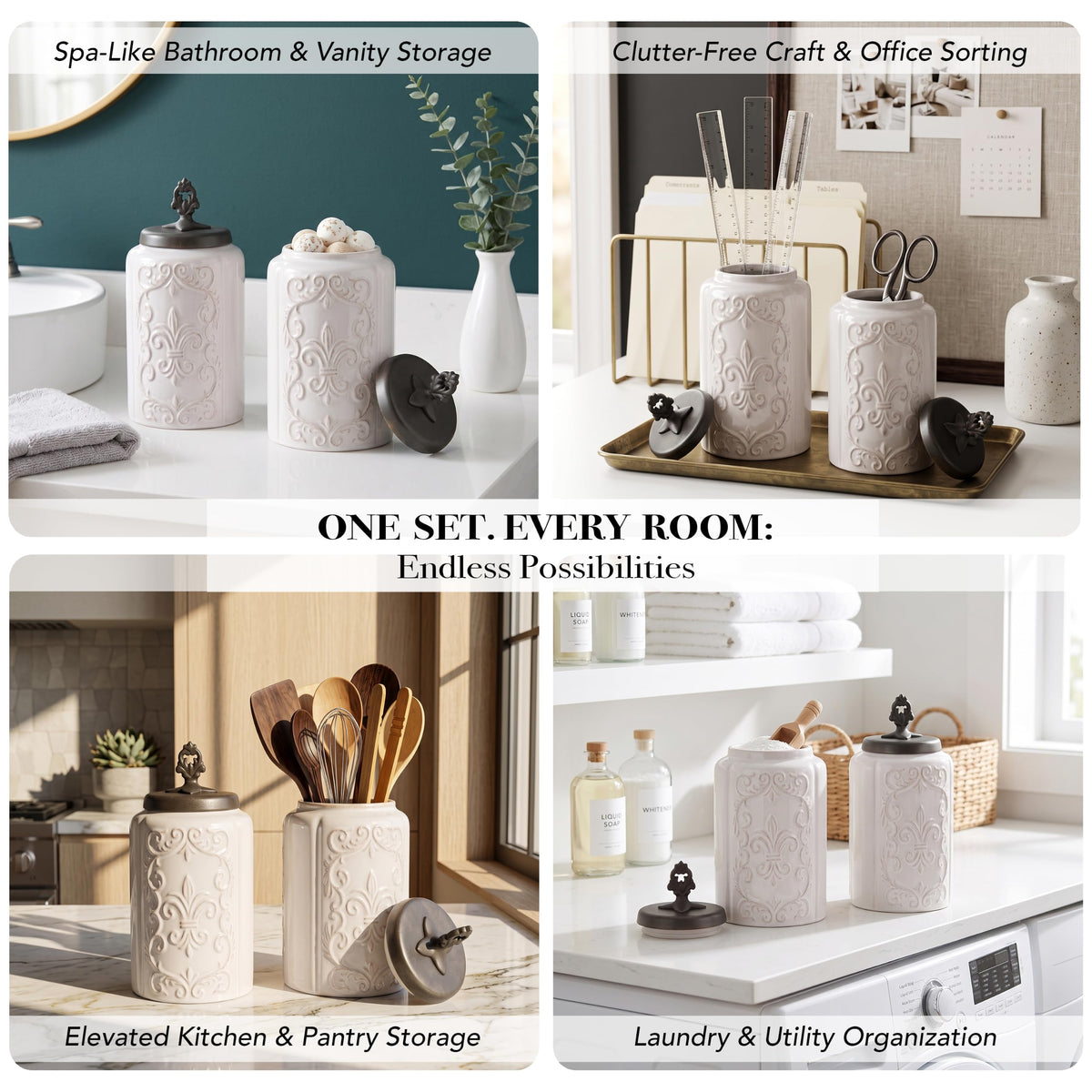 Floral Ceramic Kitchen Canister Set w/Clamp Lid White 2 PC by American Atelier – 2 Large, 300.0 milliliters, Stainless Steel, Antique White, Pack of 2