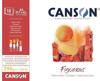 Canson Figueras, Oil Paper, Imitation Linen Grain, 290gsm, Glued pad on Short Side, A3-29.7x42cm, White, 10 Sheets