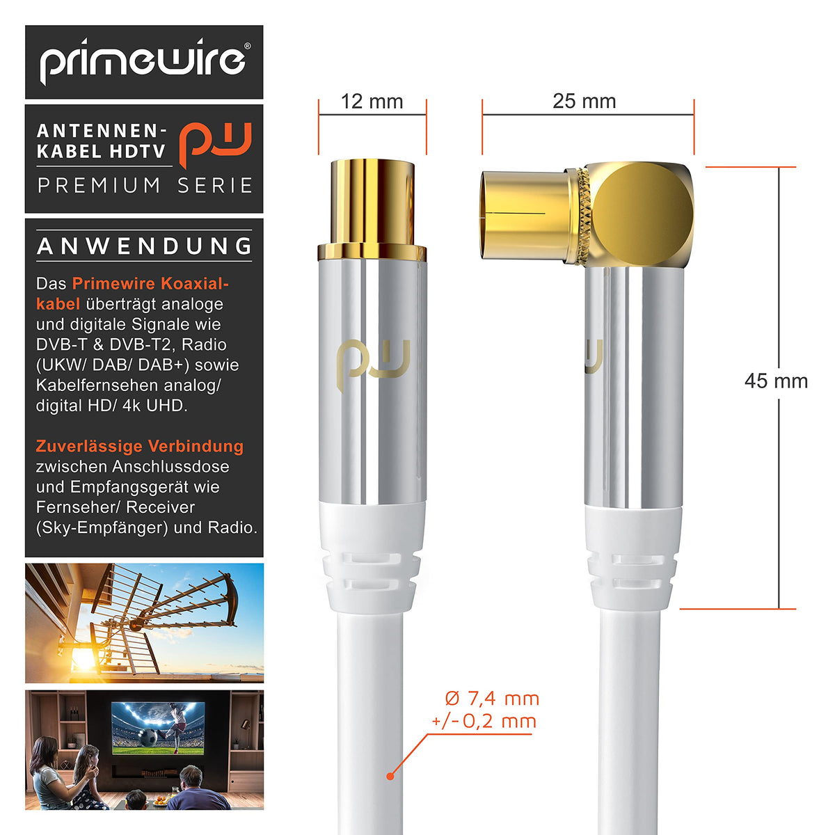 CSL - Antenna Cable Angled 8K 4K HDTV - 1 m Antenna Cable - Coupling 90° Angle to Straight Plug - 75 Ohm - Suitable for TV HDTV Radio DVB-T2 DVB-S DVB-S2 - Right Angle Plug