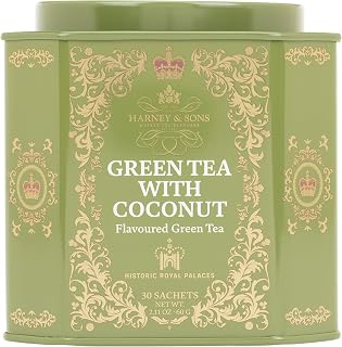 Harney & Sons Green Tea with Coconut, 30 Sachets in Tin | Green tea with coconut, vanilla, ginger and lemongrass flavors. Contains caffeine.